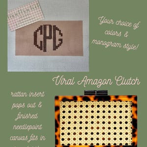 May include: The image displays a custom monogram canvas with a brown monogram on a pink background, and a rattan insert clutch with a tortoiseshell frame. Text includes "Custom Monogram Canvas" and "Viral Amazon Clutch". The brand name "mad hack'd DESIGNS" is also visible.