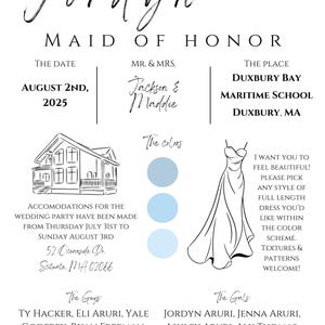 May include: Wedding invitation featuring the name "Jordyn". The date is August 2nd, 2025, with the location in Duxbury, MA. The invitation includes the wedding party details and a light blue colour scheme.