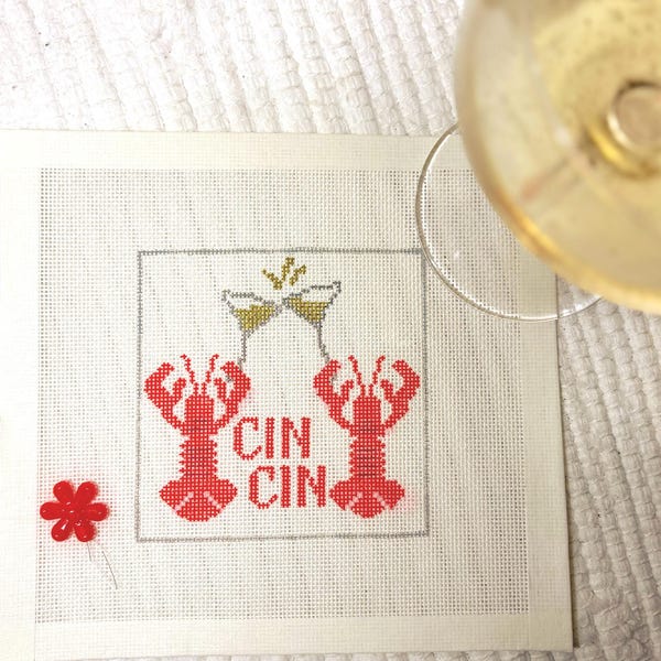 Lobster Needlepoint Canvas – “Cin Cin” Champagne Design | 4x4 18 Mesh | Coastal New England Summer | Preppy Bar Cart Decor | Canvas Only