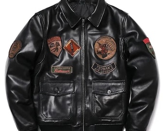Men Bomber Black Flight Sheepskin Leather Tedman Air Command A2 G1 Military Tactical Patch Style Aviator Jacket