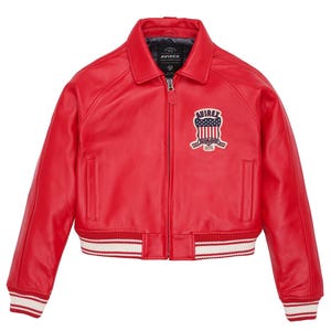 Trendy women’s cropped leather bomber jacket detailed stitching view