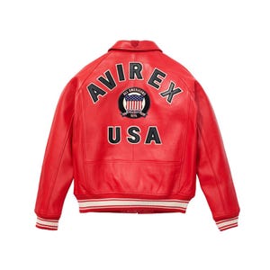 Red Avirex leather bomber jacket for men with embroidered chest patch, genuine lambskin leather, zip front closure, striped ribbed cuffs and waistband, handmade streetwear jacket