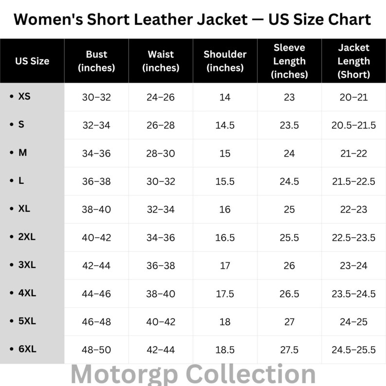Puede incluir: Tabla de tallas para una chaqueta corta de cuero para mujer, con tallas estadounidenses que van de la XS a la 6XL. La tabla incluye medidas de busto, cintura, hombros, largo de manga y largo de chaqueta en pulgadas. Logotipo de Motorgp Collection.
