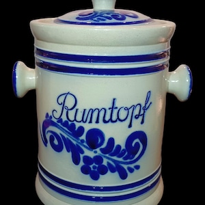 Vintage Rumtopf stoneware pot with blue grey salt glaze.