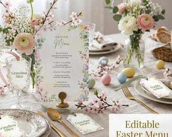 Customizable Watercolor Easter Menu and Easter basket Card Tags, Canva Template