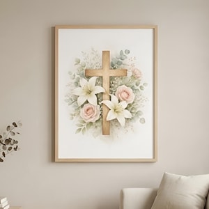 Cross Floral Wall Art, Floral Cross Christian Artwork, Bible Art, Spring Frame TV Art, Holy Week Decor, Large Christian Wall Art.