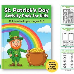Può includere: Pacchetto di attività per bambini per la festa di San Patrizio, con un leprecauno, un arcobaleno e un pentolone d'oro. La copertina include il testo "16 pagine stampabili - Età 3-8" e "Download istantaneo". Include pagine da colorare bonus.