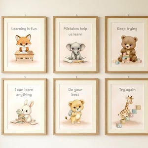Wall Art Bundle of 6 Printable Nursery Artwork Classroom Decor Motivational Animal Poster Learning Quotes. Printable Wall Art