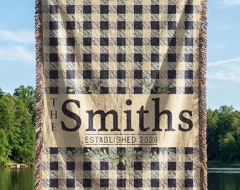 Personalized Farmhouse Family Name Blanket, Custom Buffalo Plaid Throw, Rustic Cabin-Core Last Name Established Gift