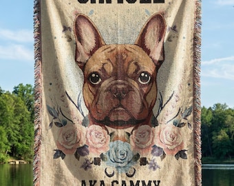 Custom Pet Portrait Woven Blanket – Personalized Dog or Cat Photo Throw, Vintage Floral Pet Tapestry Gift