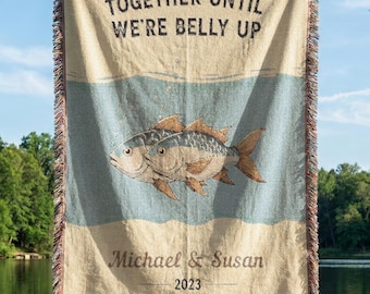 Funny Couple Fishing Blanket, Personalized Anniversary Throw, Custom Names Humor Gift for Husband Wife