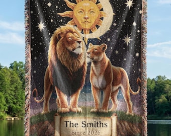 Celestial Lion Couple Blanket – Personalized Family Name Throw, Sun Moon Zodiac Style Romantic Gift