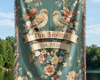 Vintage Floral Family Name Blanket, Personalized Bird Throw, Cottagecore Botanical Home Decor Gift