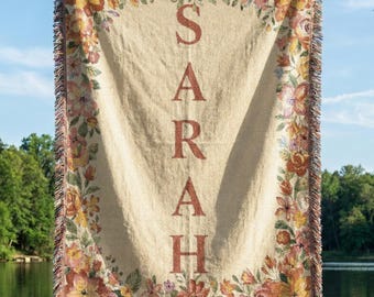 Custom Name Woven Blanket – Personalized Vertical Letter Floral Throw, Birthday Gift for Her Cotton Blanket