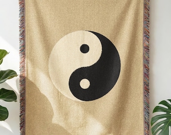 Yin Yang Woven Blanket, Cotton Throw Blanket, Minimalist Zen Decor, Black White Balance Blanket, Spiritual Home Gift, Boho Couch Throw