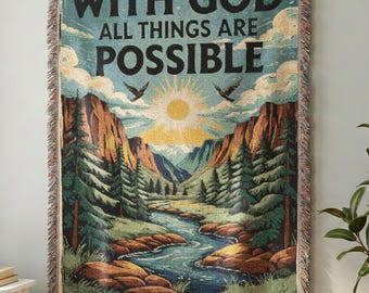 Christian Scripture Woven Blanket – With God All Things Are Possible Throw, Bible Verse Decor, Inspirational Religious Gift