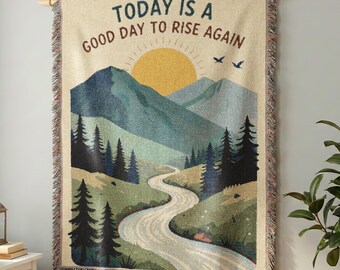 Motivational Mountain Sunrise Woven Blanket – Nature Landscape Throw, Rustic Cabin Decor, Scenic Forest River Blanket