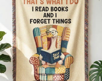 Funny Silly Goose Book Lover Woven Blanket – That's What I Do I Read Books, Literary Gift, Cozy Cotton Tapestry Decor
