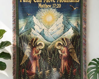 Faith Can Move Mountains Woven Blanket – Matthew 17:20 Scripture Throw, Christian Gift, Inspirational Bible Verse Decor