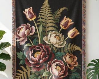 Vintage Floral Woven Blanket – Dark Cottagecore Flower Throw, Botanical Tapestry, Moody Garden Decor
