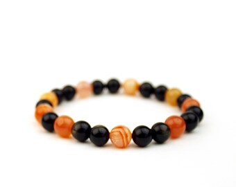 Tourmaline & Botswana Agate Bracelet - Handmade Boho Beaded Bracelet, Tourmaline and Botswana Agate Beads, Orange Unisex Crystal Bracelet