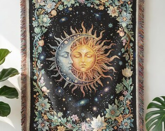 Vintage Sun Moon Floral Woven Blanket – Cottagecore Celestial Throw, Botanical Night Sky Tapestry
