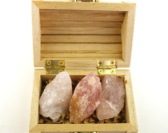 Rose Quartz Set In Wooden Chest - With Free Velvet Pouch, Pink Love Crystals, Wooden Box, Stone of Love, FREE Shipping in USA