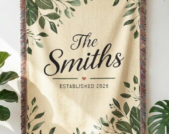 Personalized Family Name Woven Blanket, Custom Established Throw, Botanical Leaf Cotton Gift for Home