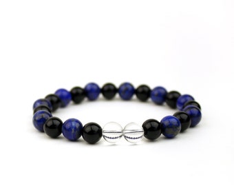 Lapis Lazuli Bracelet - FREE Velvet Pouch, Onyx and Clear Quartz, Crystal Stretch Bracelet, Beaded Stone Bracelet, Free Shipping in US