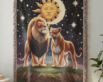 Lion Couple Celestial Woven Blanket – Sun Moon Lion Throw, Romantic Animal Tapestry, Zodiac Leo Decor Gift