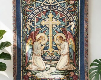 Christian Stained Glass Style Woven Blanket – Psalm 145:18 Cross Tapestry, Religious Angel Throw, Church Style Decor