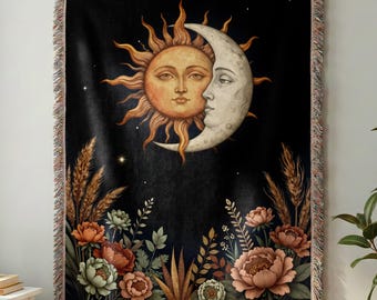 Celestial Sun Moon Woven Blanket – Vintage Astrology Throw, Boho Cosmic Tapestry Wall Art, Sun and Lunar Decor