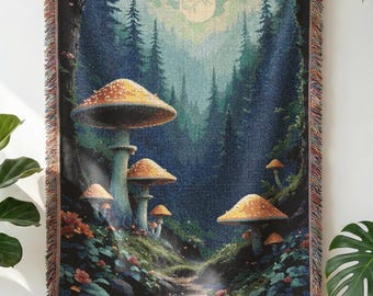 Fantasy Mushroom Forest Woven Blanket – Enchanted Woodland Throw, Cottagecore Fairy Decor, Whimsical Nature Tapestry