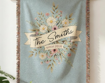 Custom Name Woven Blanket – Personalized Vertical Letter Floral Throw, Birthday Gift for Her Cotton Blanket