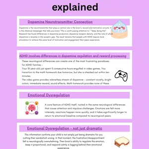 Pode incluir: Infográfico intitulado "ADHD brain differences explained" com seções sobre dopamina, processamento de recompensa e desregulação emocional. Inclui ilustrações.