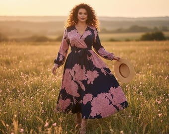 Boho Wrap Floral Midi Dress Plus Size Colorblock V Neck Bishop Sleeve High Waist Flared Hem Eid Wedding Guest Vacation Wear