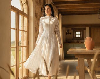 White Lace Dress Elegant Long Sleeve Pleated A Line Formal Evening Dress Wedding Guest Stand Collar Modest Eid Outfit Maxi Dress