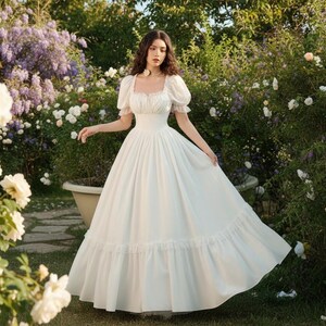May include: A white, floor-length dress with a square neckline and short, puffed sleeves. The dress features a fitted bodice and a full skirt with a ruffled hem. The image is set in a garden with white and purple flowers.