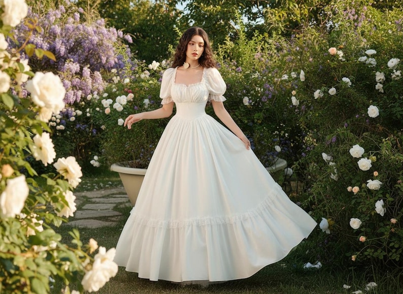 May include: A white, floor-length dress with a square neckline and short, puffed sleeves. The dress features a fitted bodice and a full skirt with a ruffled hem. The image is set in a garden with white and purple flowers.