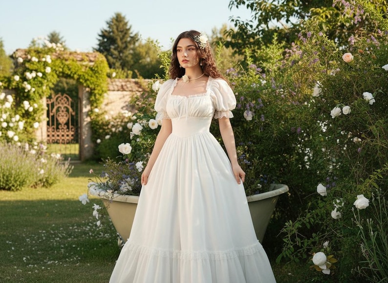 May include: A white, floor-length dress with a square neckline and short, puffed sleeves. The dress features a fitted bodice and a flowing skirt with a ruffled hem. The background includes a garden setting with white roses and a decorative archway.