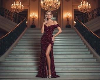 Off Shoulder Burgundy Maxi Dress with High Slit | Elegant Bodycon Evening Party Dress for Weddings & Formal Events