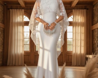 White Mermaid Dress Floral Cape Dress Bridal Maxi Dress Elegant Party Gown High Waist Slim Fit Embroidered Formal Eveningwear Maxi Gown