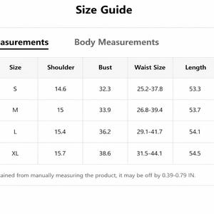 May include: A white size guide chart with product and body measurements. The chart includes US sizes 4, 6, 8/10, and 12, with corresponding measurements for shoulder, bust, waist, length, and sleeve length in inches.