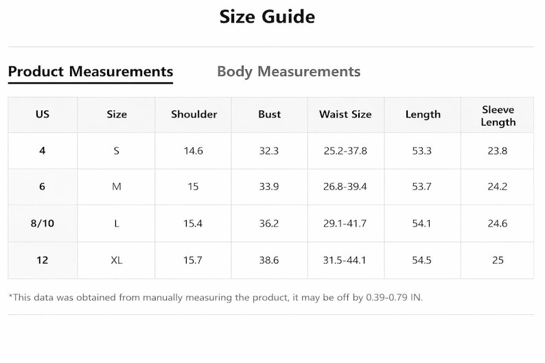 May include: A white size guide chart with product and body measurements. The chart includes US sizes 4, 6, 8/10, and 12, with corresponding measurements for shoulder, bust, waist, length, and sleeve length in inches.