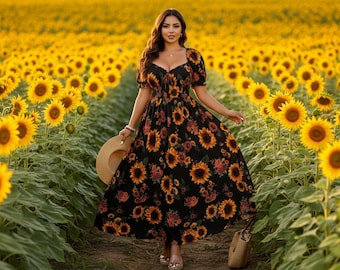 Plus Size Boho Maxi Dress Off Shoulder Sunflower Print Black A Line High Waist Puff Sleeve Vacation Eid Outfit