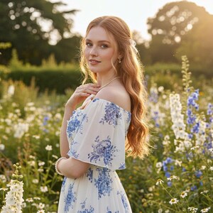 May include: A woman in a white off-the-shoulder dress with blue floral patterns stands in a field of wildflowers. The dress has short sleeves and a flowing skirt. She wears a pearl necklace and bracelet. The background is a blur of green and sunlight.