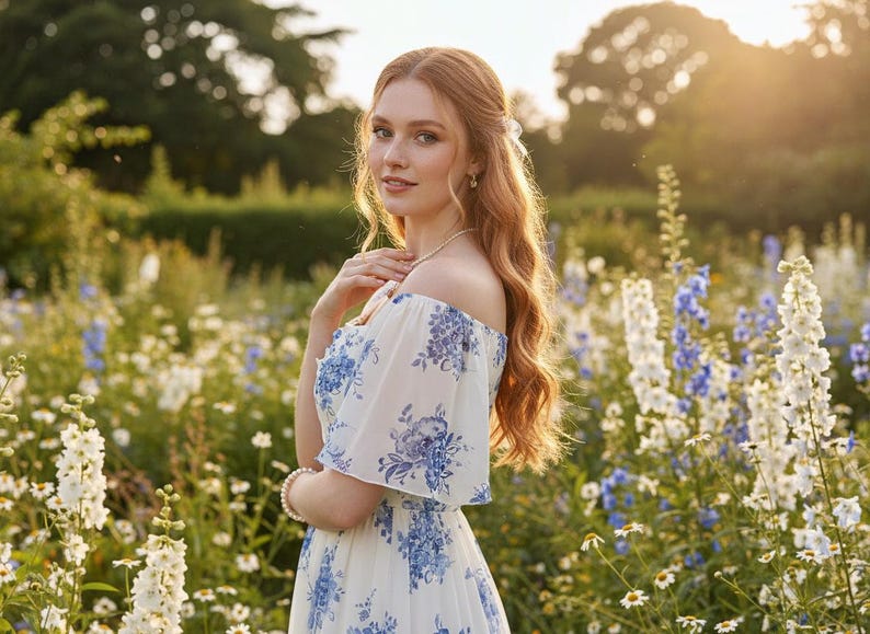 May include: A woman in a white off-the-shoulder dress with blue floral patterns stands in a field of wildflowers. The dress has short sleeves and a flowing skirt. She wears a pearl necklace and bracelet. The background is a blur of green and sunlight.