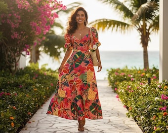 Boho Maxi Dress Floral Print Dress Puff Sleeve Sweetheart Neck Backless Dress High Waist A Line Summer Wedding Guest