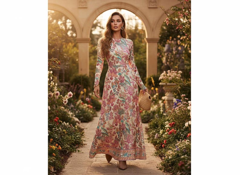 May include: A long-sleeved floral print maxi dress in cream, pink, and blue tones. The dress features a high neckline and a flowing skirt. A woven straw handbag is held in the hand. The background includes a garden setting with stone arches and blooming flowers.