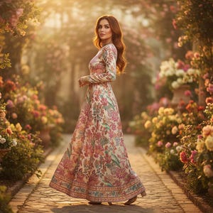 May include: A long-sleeved, floor-length dress with a floral pattern in pink, green, and blue. The dress is worn in a garden setting with blooming flowers and a stone pathway. The dress has a high neckline and a flowing skirt.